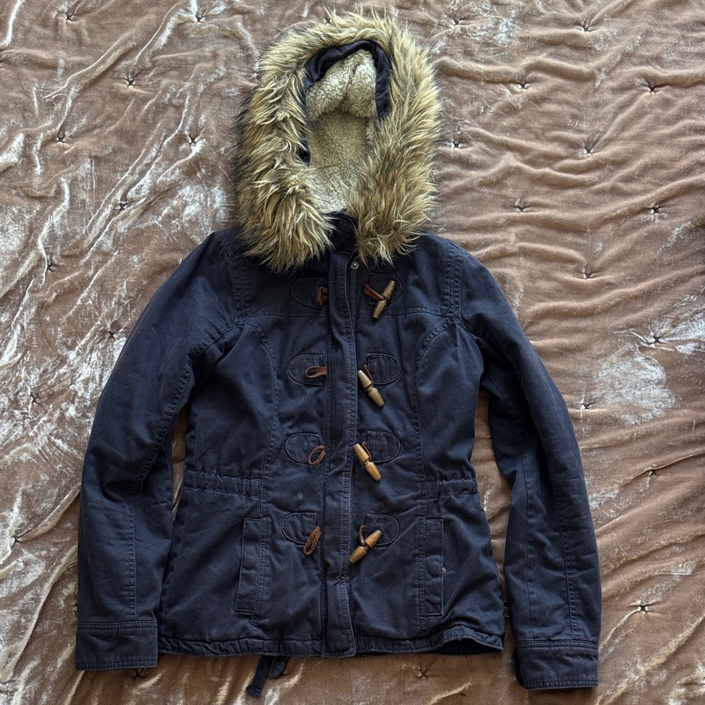 Abercrombie & Fitch Navy Toggle Jacket with Faux Fur Hood